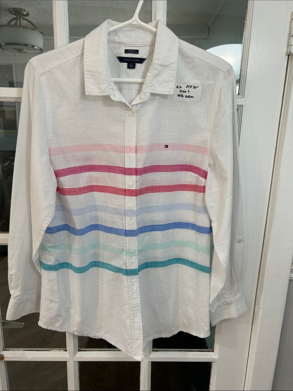 E6.    Tommy Hilfiger White Button-Up Shirt with Pink, Blue and Teal Stripes